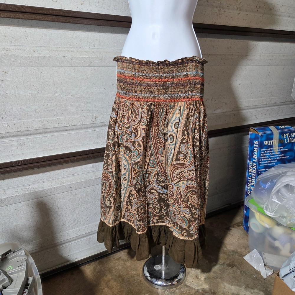 Fun & Flirt Brown Paisley Smocked Midi Skirt Cotton‎ Boho Y2K Indie Ruffle Hem M